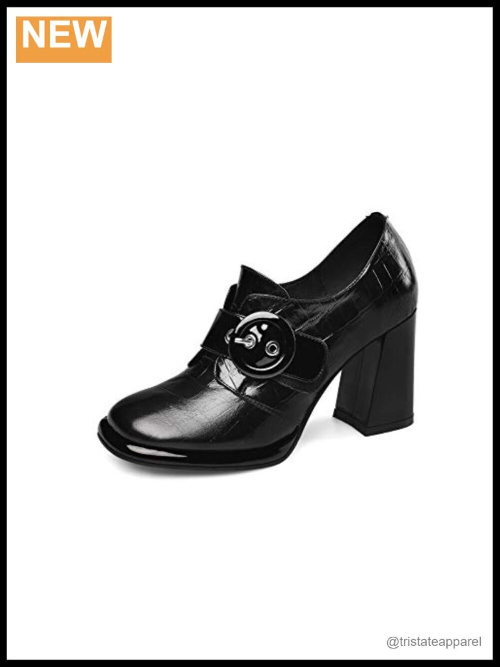 Handmade Genuine Leather Round Toe Chunky Heel Pumps